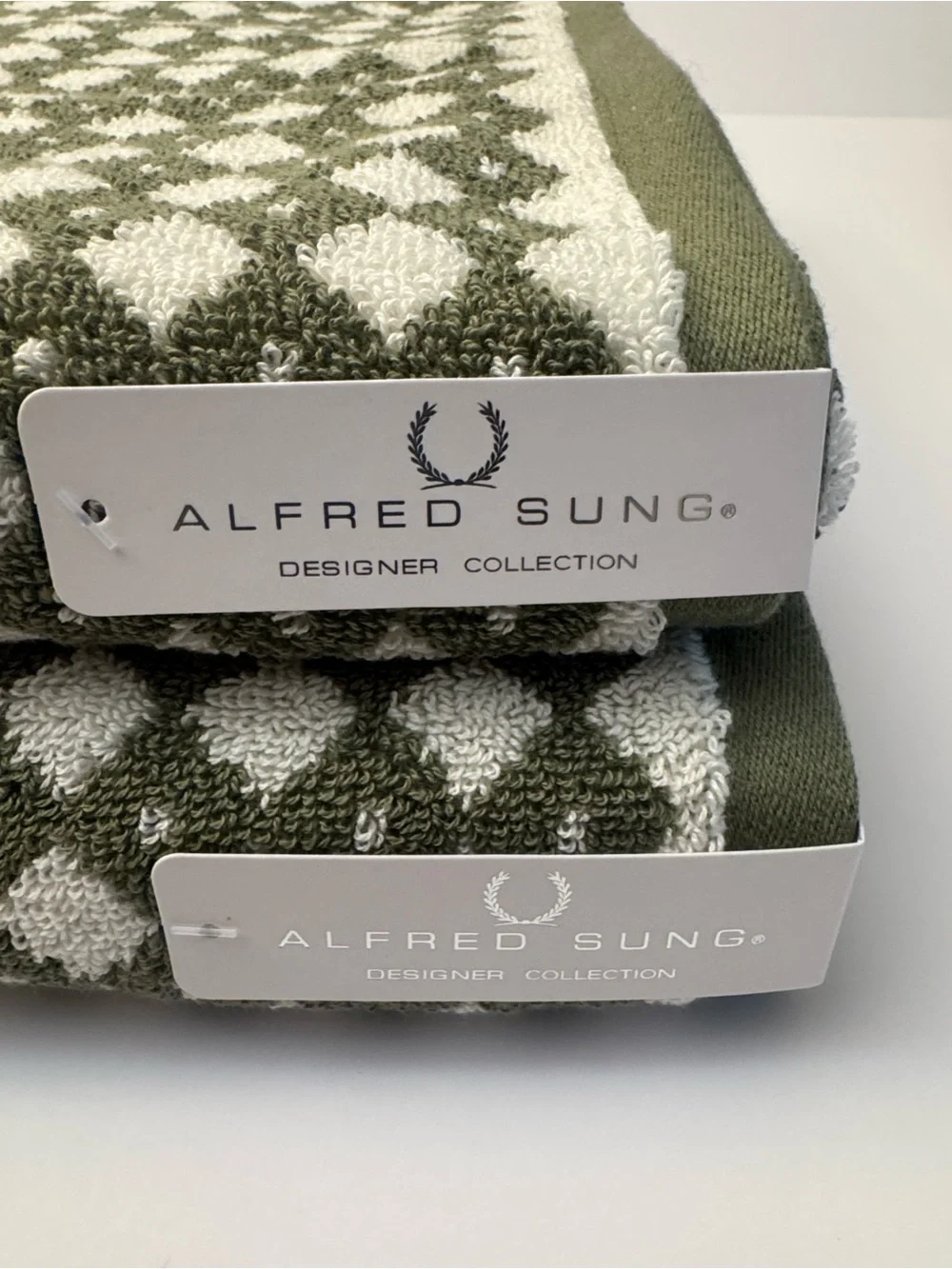 8pc ALFRED SUNG 100% Cotton Diamond Pattern Bath Towel Set - Olive Green/White
